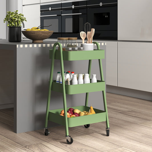 HOMCOM Three Tier Storage Trolley On Wheels With Mesh Trays Four Wheels And Brakes Green