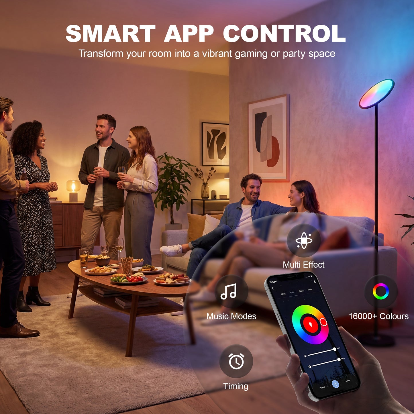 HOMCOM Uplighter Floor Lamp With Tuya App And Music Sync, Adjustable Head For Living Room And Bedroom, Black