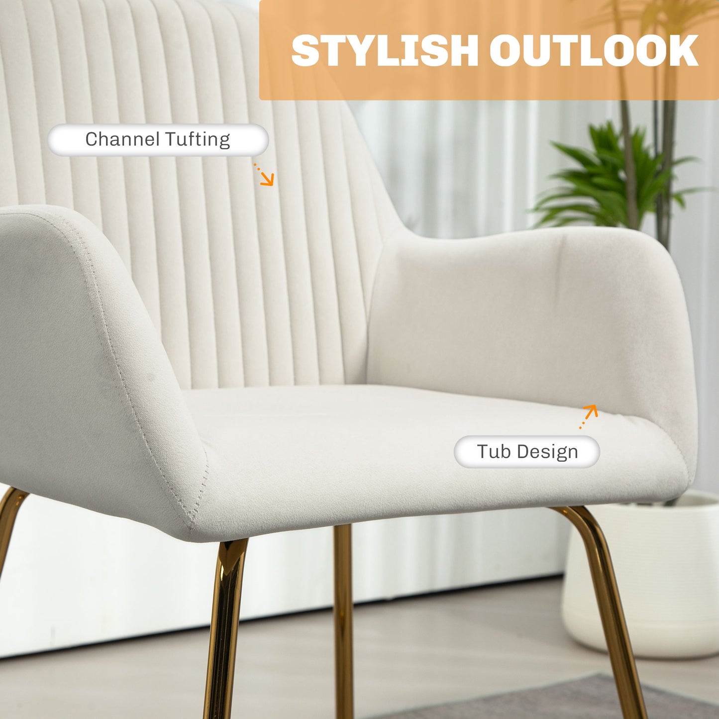 HOMCOM Modern Upholstered Arm Chair Set Of 2 With Metal Base Cream White For Living Room