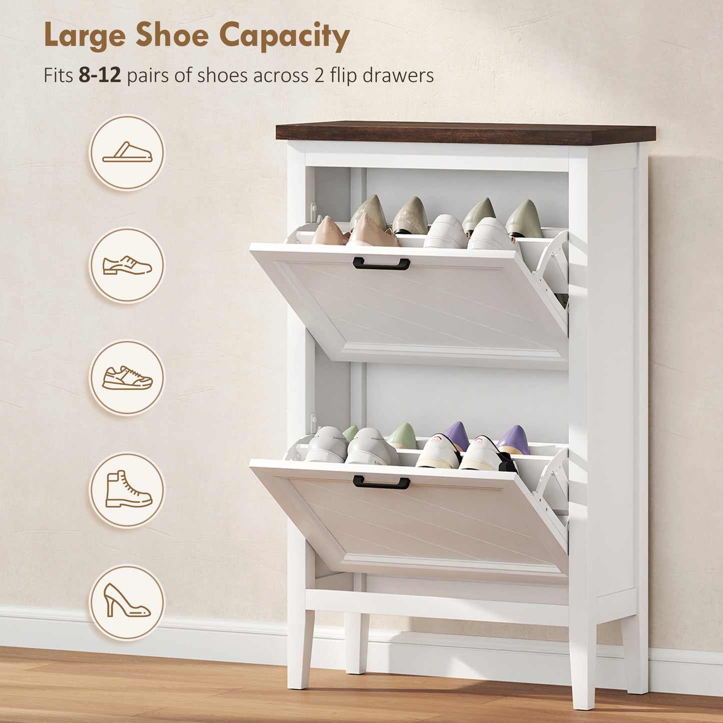 HOMCOM Narrow Shoe Cabinet With 2 Flip Drawers And Adjustable Shelves White Farmhouse Style