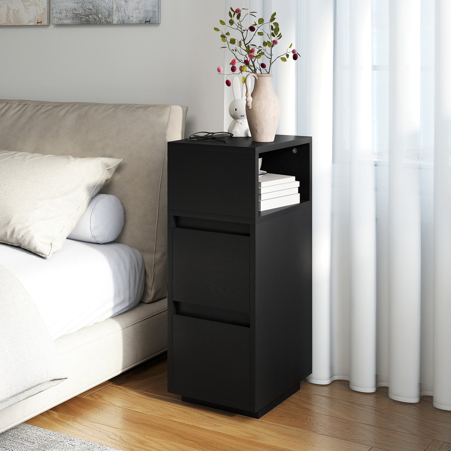 HOMCOM Slim Bedside Table Narrow Bedside Cabinet With Open Shelf And Two Drawers For Bedroom And Living Room Black