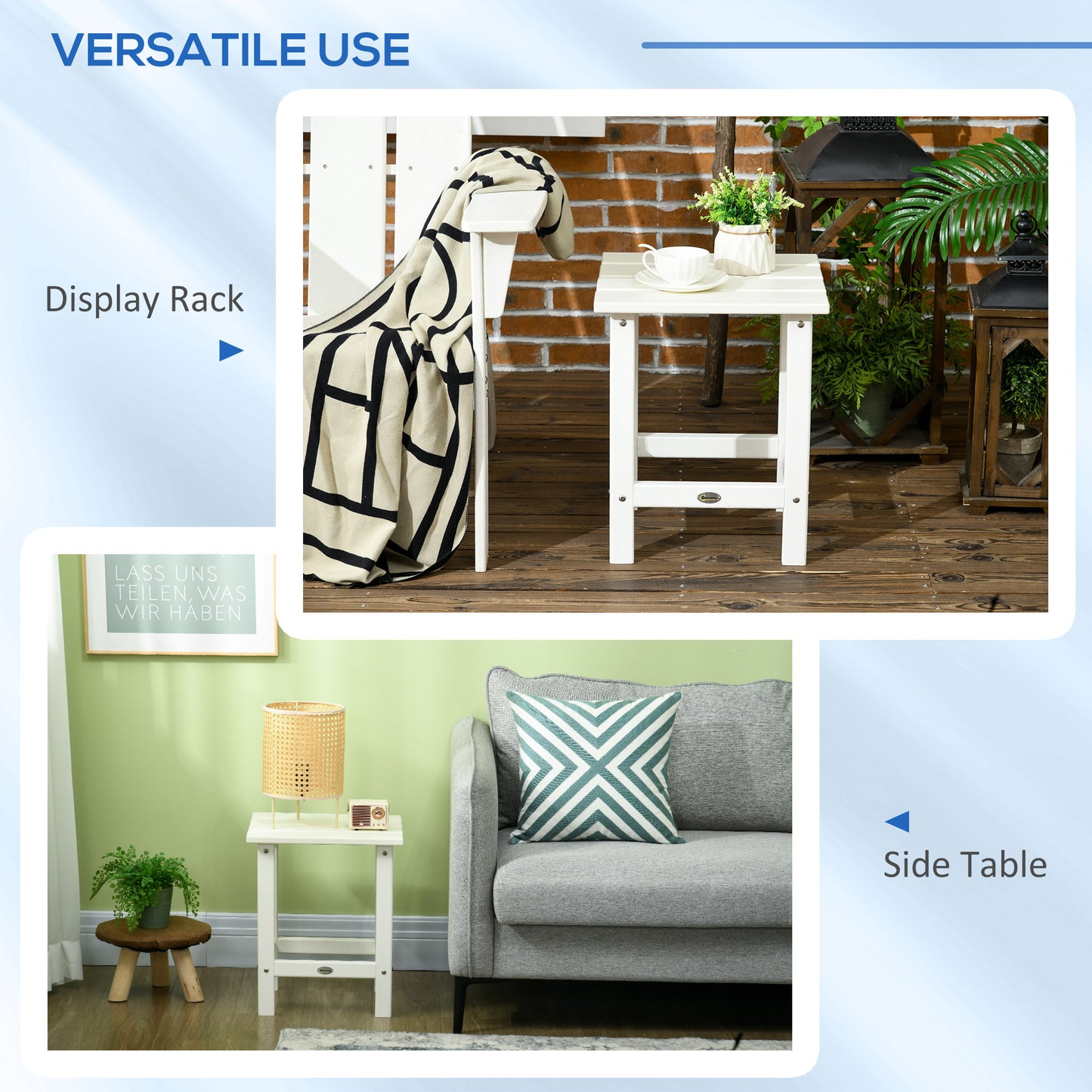 Outsunny Square Coffee Table HDPE Tabletop and Frame for Porch Garden 38 x 38 x 46 cm White
