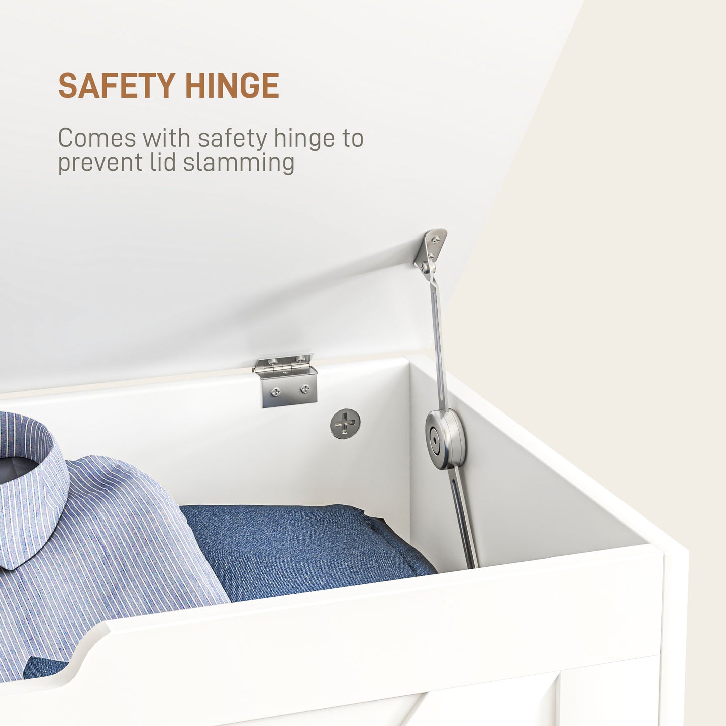 HOMCOM 100 L Home Storage Box With Safety Hinges White Wood Effect Storage Ottoman Seat