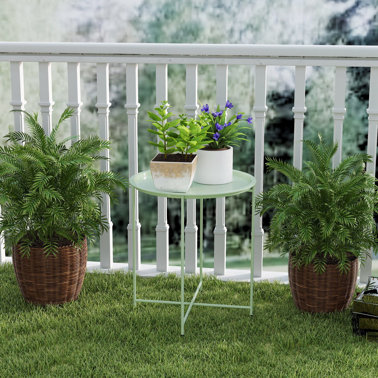 Outsunny Steel Removable Tray Top Garden Table With Folding Legs Green Portable Balcony Coffee Table