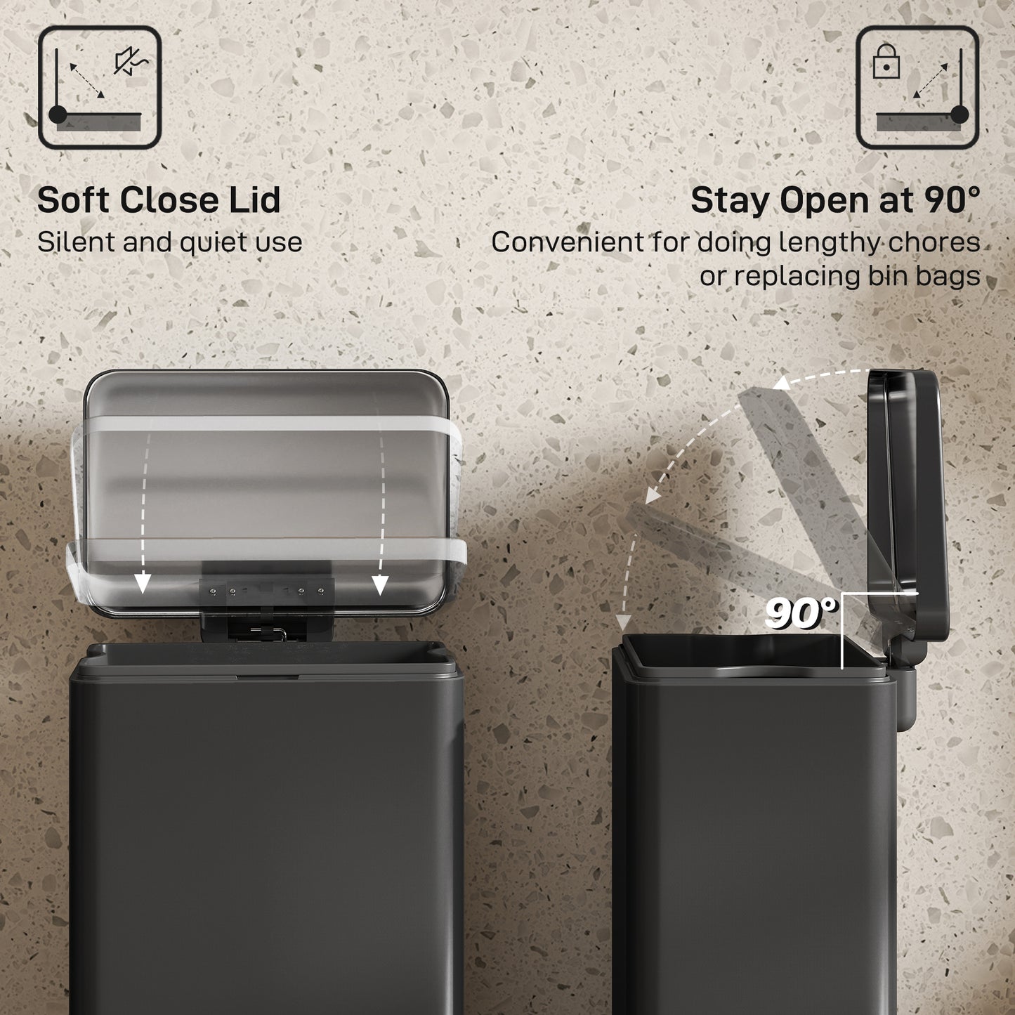 HOMCOM 20L Stainless Steel Pedal Bin With Soft Close Lid Stay Open Function Matte Black Removable Inner Bucket