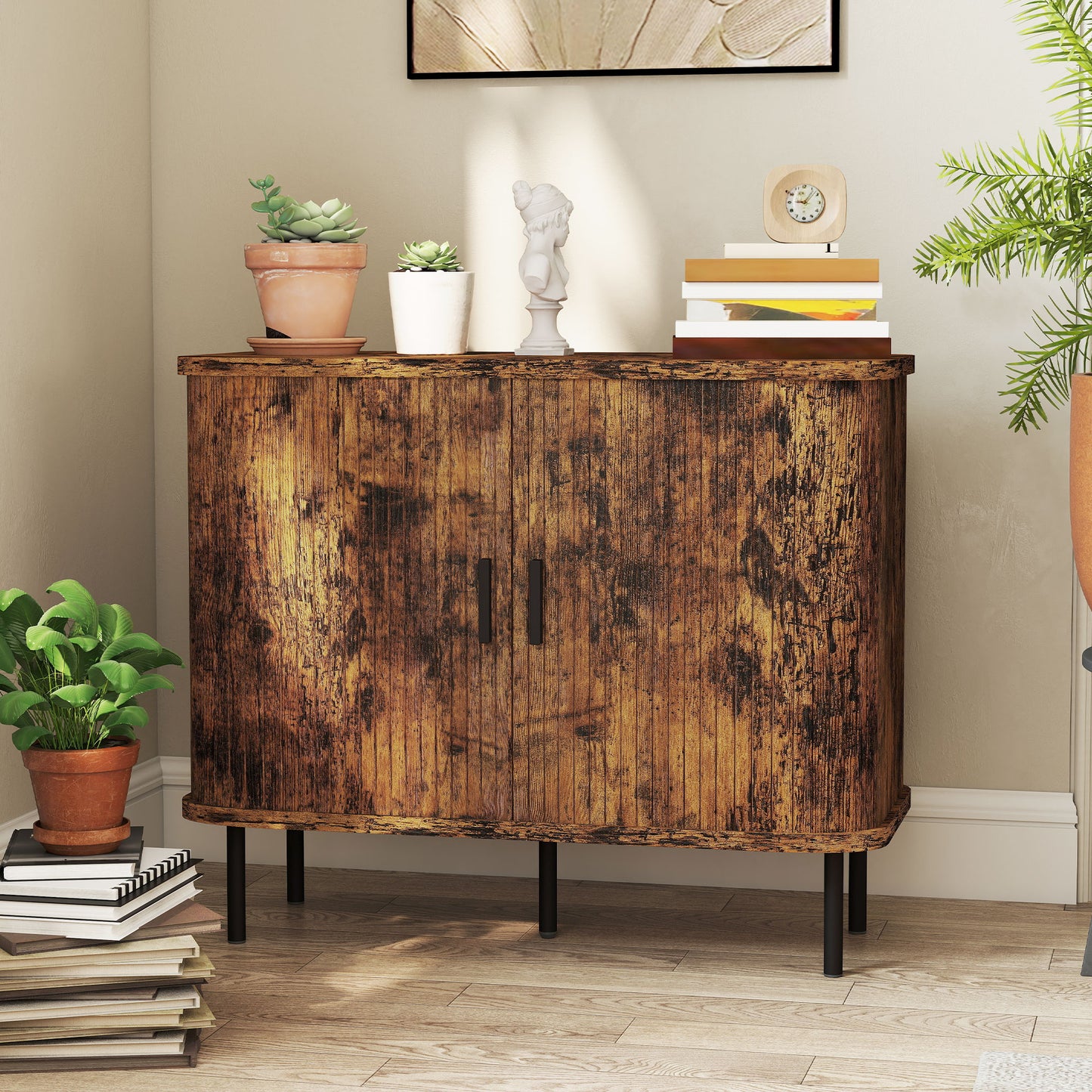HOMCOM Mid Century Modern Kitchen Sideboard Storage Cabinet With Slatted Tambour Doors And Steel Legs Rustic Brown