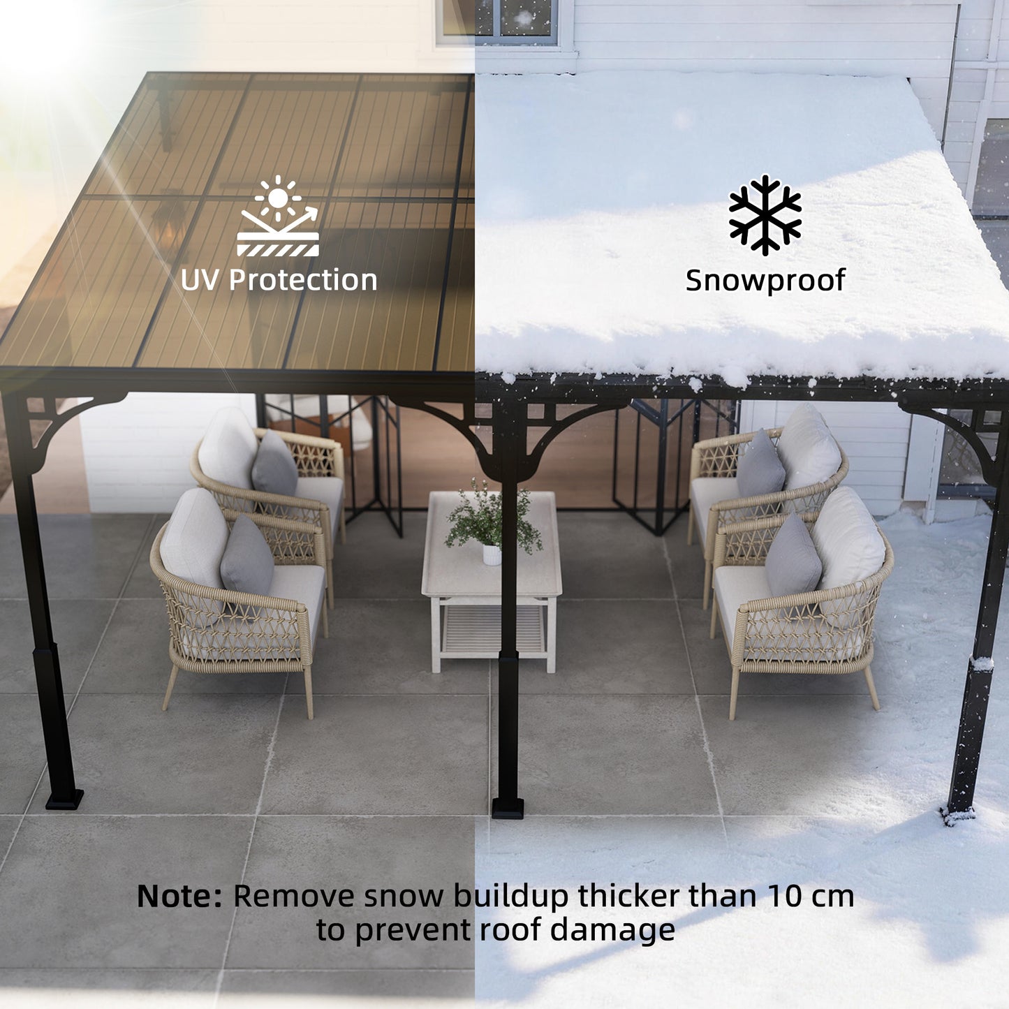 Outsunny 4 x 3 m Wall Mounted Lean To Pergola with Polycarbonate Roof and Aluminium Frame Brown Outdoor Patio Gazebo