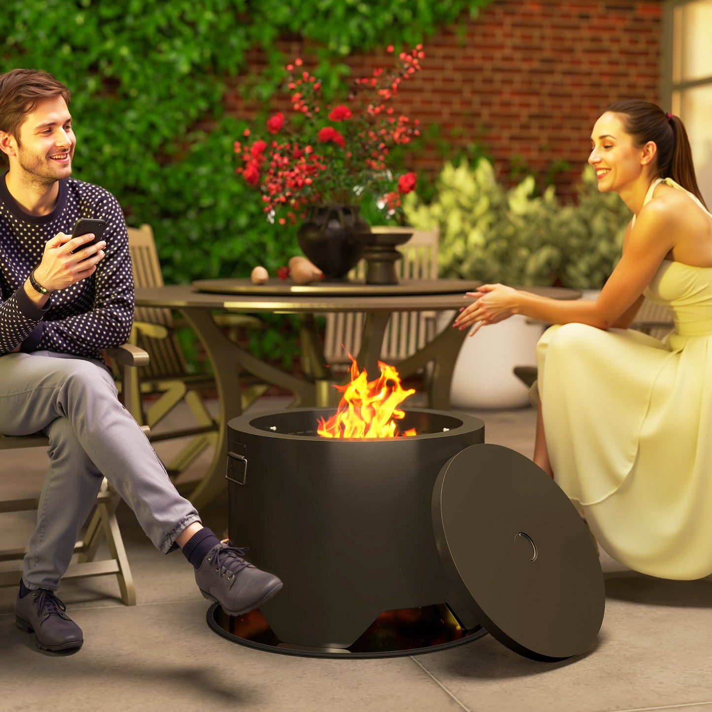 Outsunny Outdoor Round Fire Pit With Lid And Fire Poker In Black For Safe Marshmallow Roasting And Cozy Garden Nights
