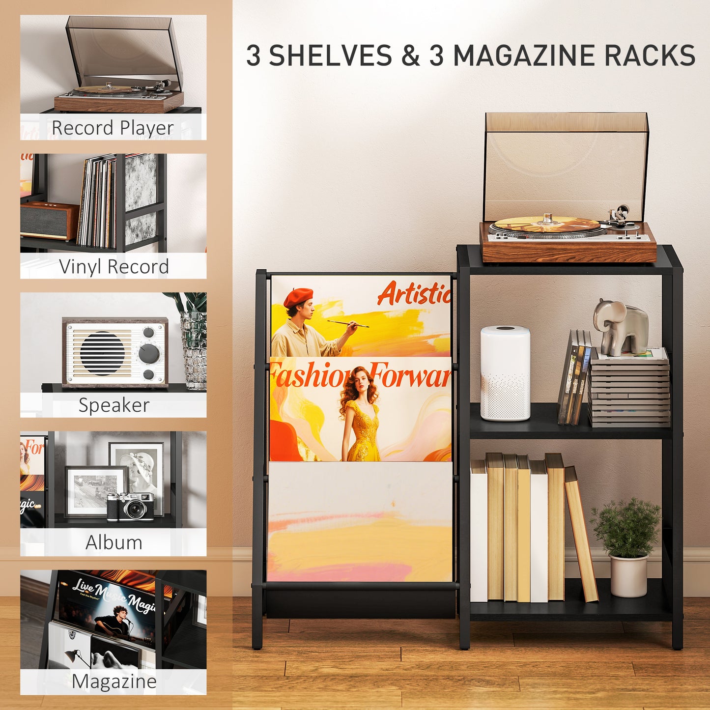HOMCOM 3 Tier Record Player Stand End Table for Living Room and Bedroom Black Wood Effect