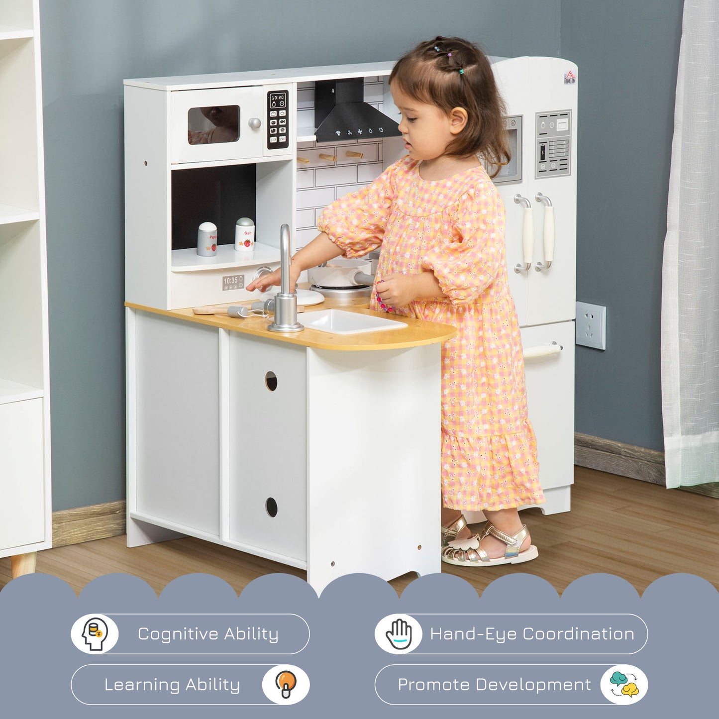 HOMCOM Large Wooden Kids Play Kitchen Set with Realistic Appliances and Accessories - ALL4U RETAILER LTD