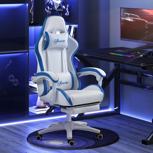 Vinsetto White Racing Gaming Chair with Footrest, Reclining PU Leather, 360° Swivel, Removable Lumbar & Head Support - ALL4U RETAILER LTD