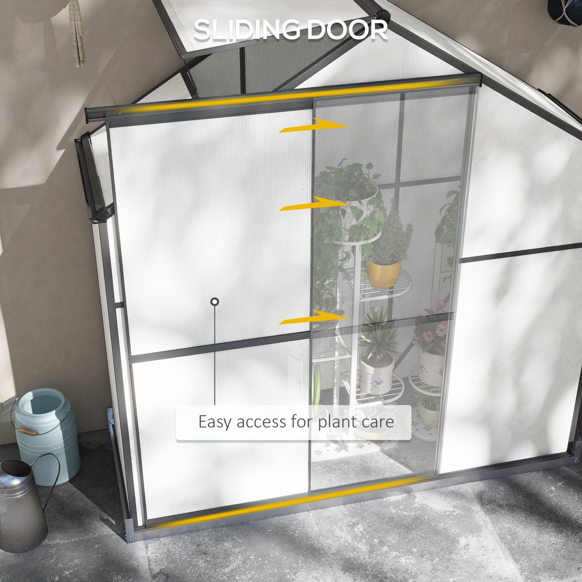 Outsunny 6 x 2.5ft Polycarbonate Greenhouse Walk-In Green House with Rain Gutter, Sliding Door, Window, Foundation, Dark Grey - ALL4U RETAILER LTD