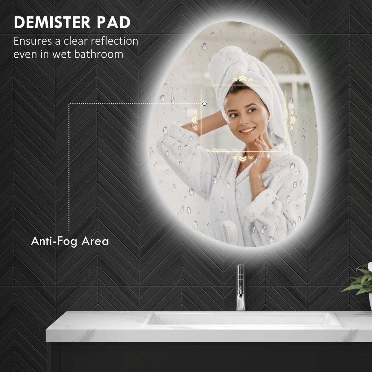 Oval LED bathroom mirror with anti-fog heating area design