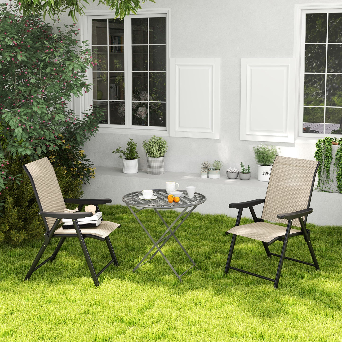 Outsunny Set of Two Folding Outdoor Chairs Brown Black for Garden Patio with Breathable Mesh Seats