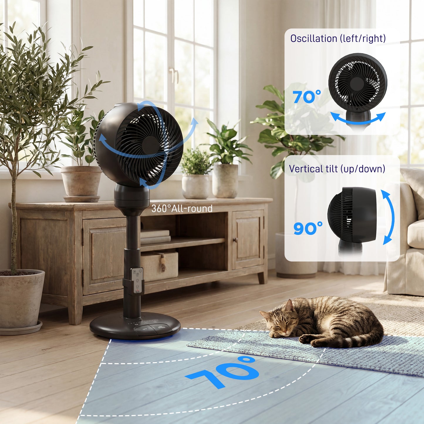 HOMCOM Air Circulator Pedestal Fan With 9 Inch Oscillating Head Remote Control 3 Speed 3 Mode Black
