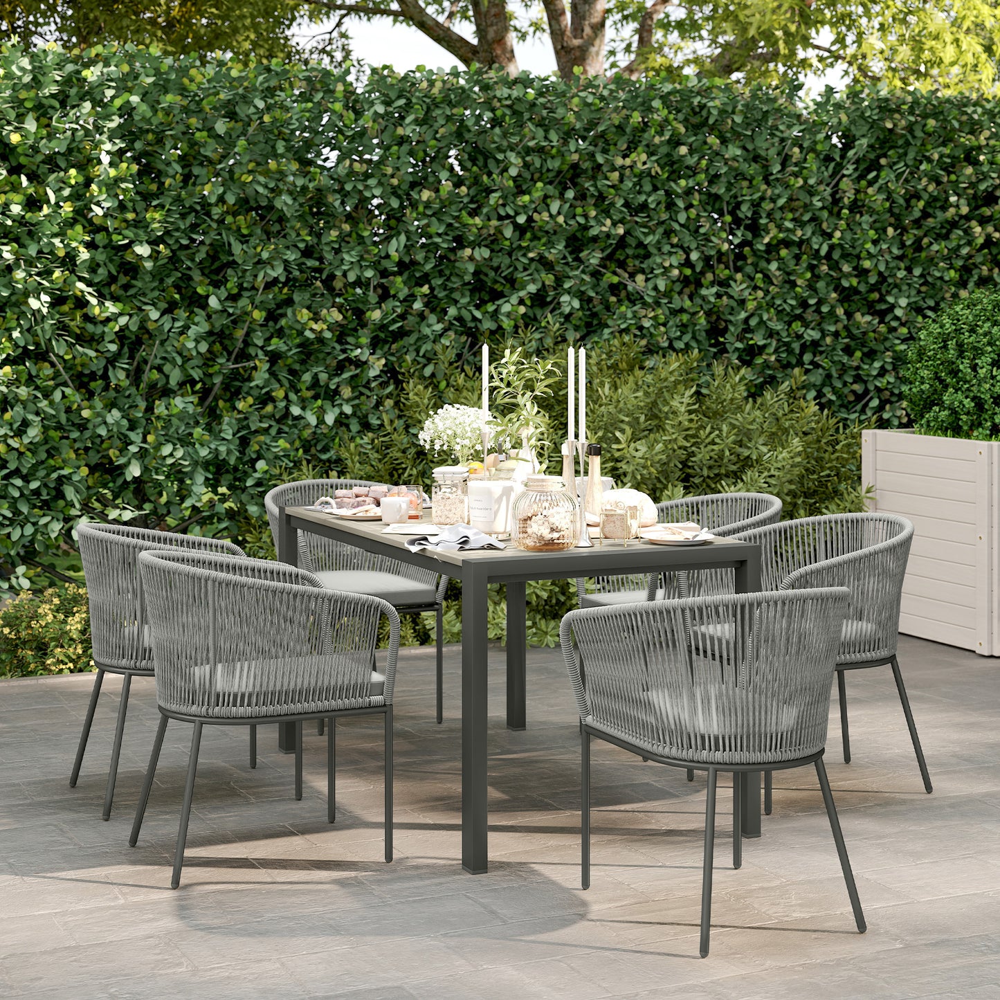 Outsunny Rattan Dining Set 6 Seater With Acacia Wood Table And 6 Chairs With Washable Seat Cushions For Outdoor