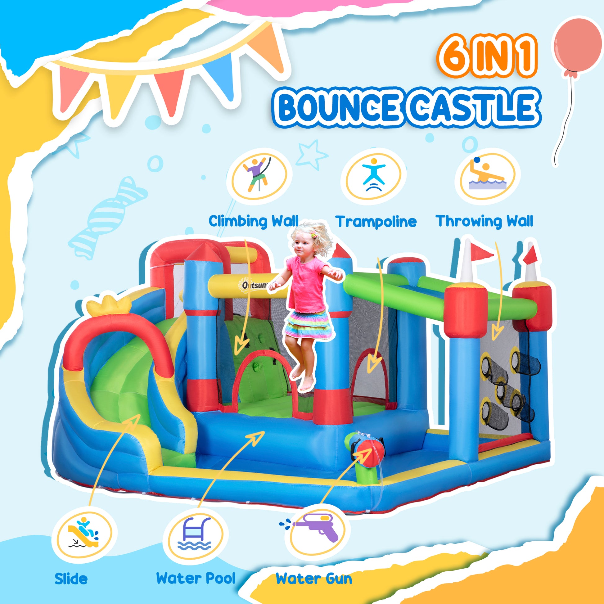 AIYAPLAY Colorful 5-in-1 Inflatable Bounce House with Slide, Pool, and Climbing Wall for Kids Aged 3-8 - ALL4U RETAILER LTD