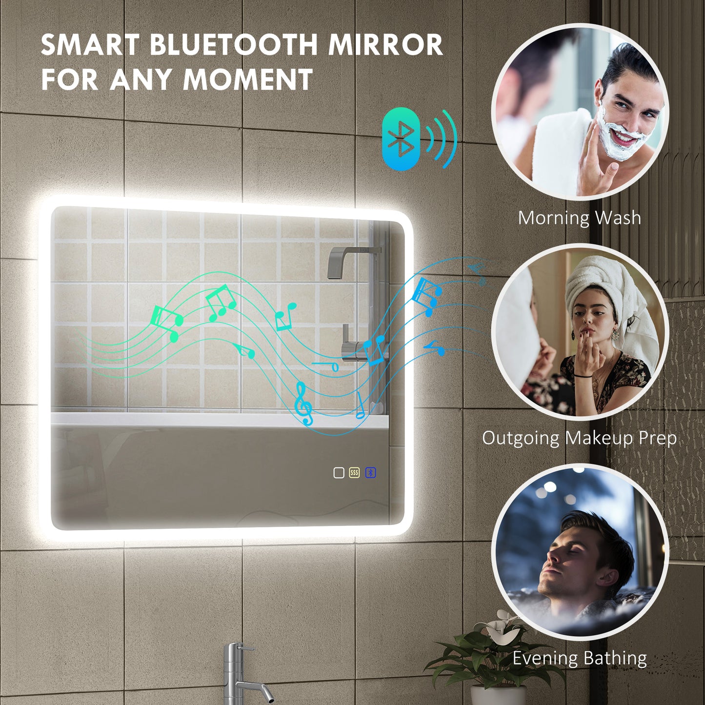HOMCOM 80x60cm LED Bathroom Mirror With Bluetooth Demister Pad Adjustable Brightness Three Light Modes Silver Tone
