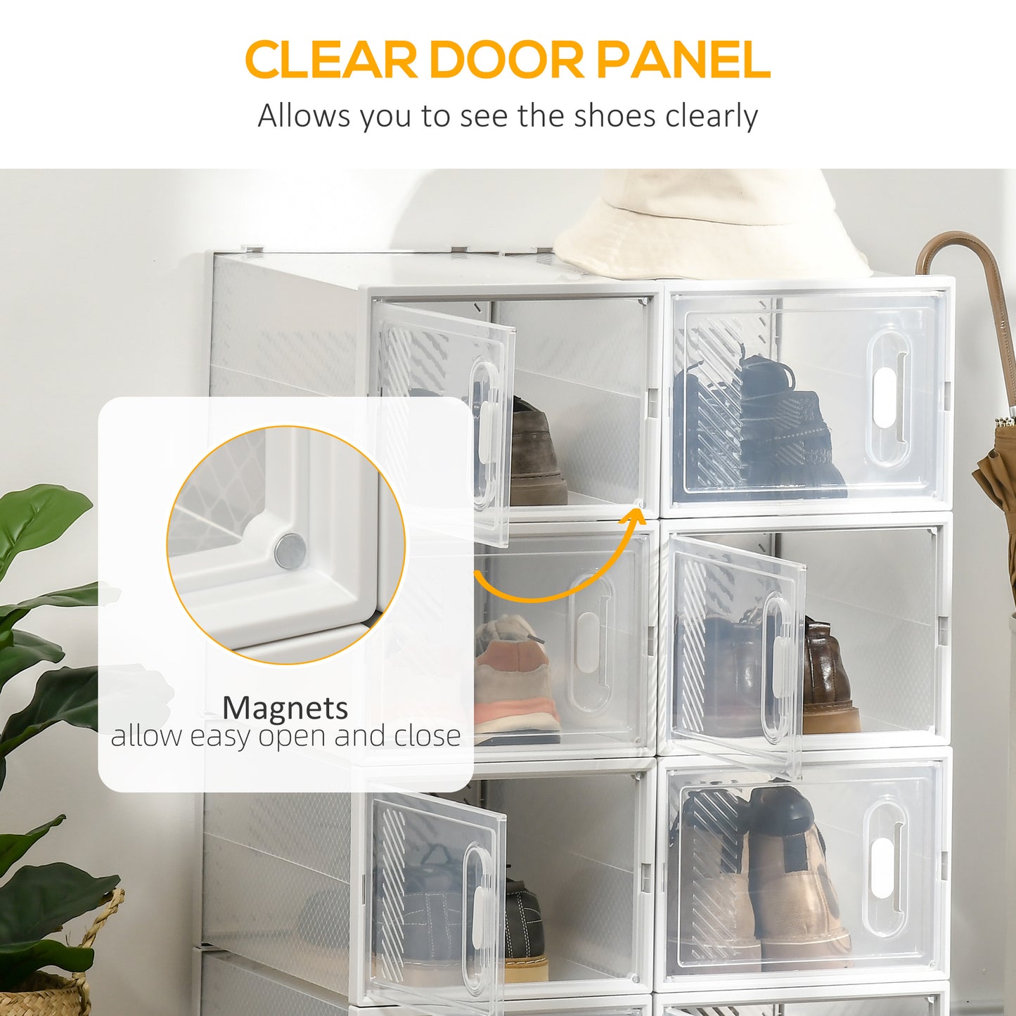 HOMCOM Eight Piece Clear Shoe Box Set Stackable Plastic Storage With Magnetic Door Fits UK EU Size 12 To 46