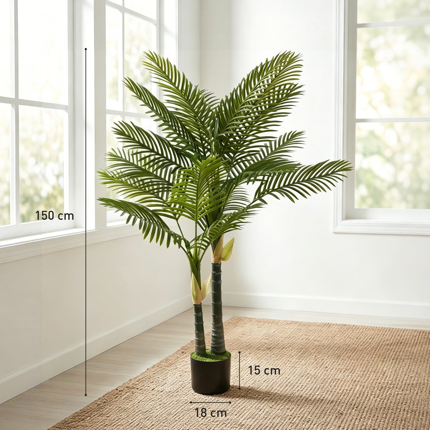 HOMCOM 150cm Artificial Palm Tree With 16 PEVA Leaves, Potted Faux Plant With Moss Base For Living Room Decor Green
