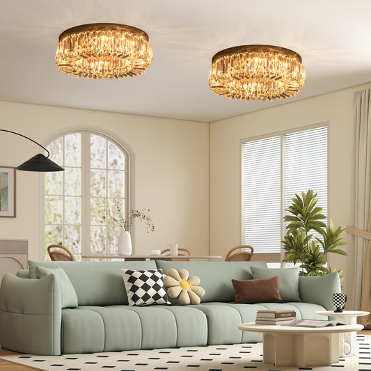 HOMCOM Crystal Ceiling Lights Set 2 Modern Flush Chandeliers Stainless Steel Base Pendant Lights Living Room Dining Room
