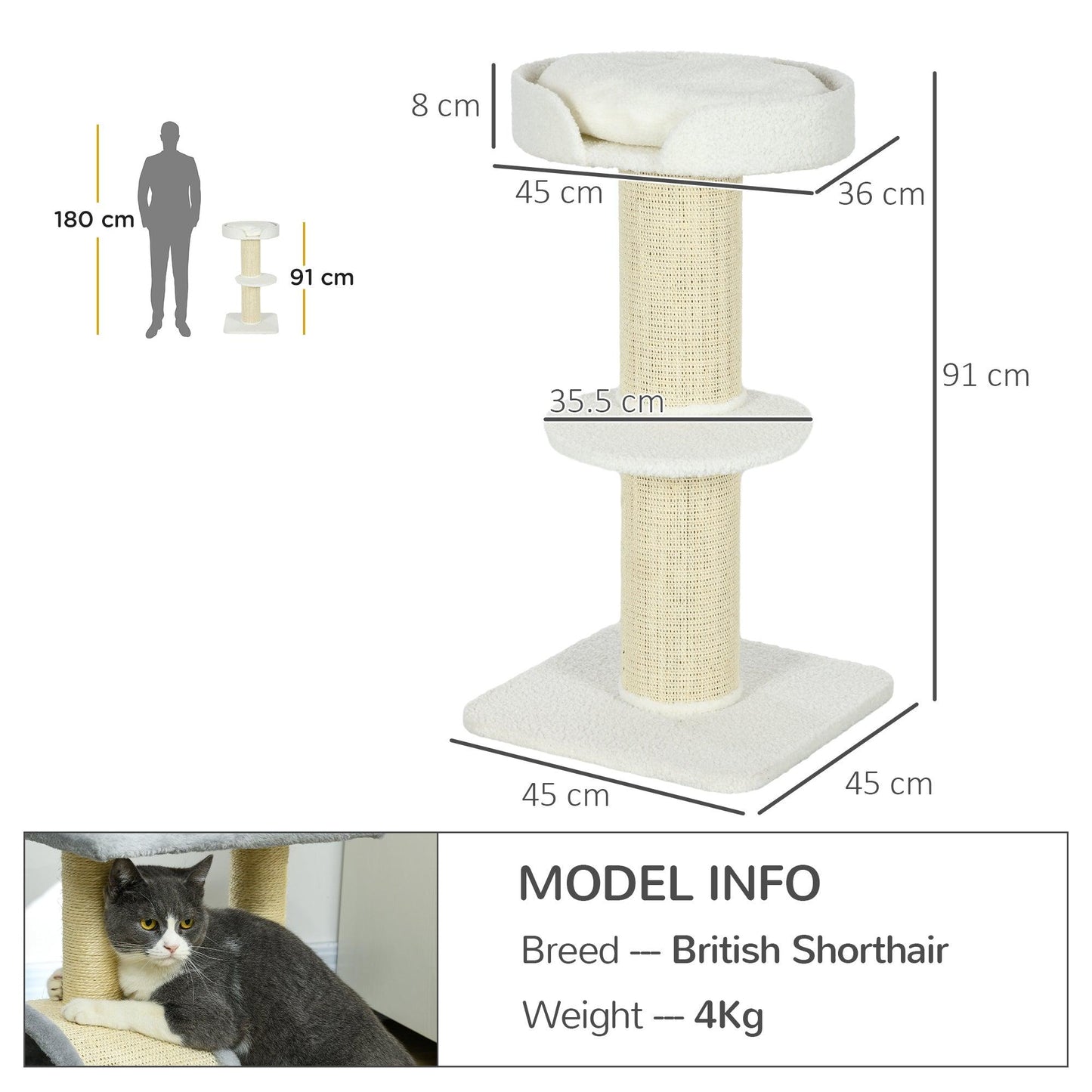 PawHut 2 Tier Sisal Sherpa Cat Tree with Basket Cushion Sisal Post Cream White - ALL4U RETAILER LTD