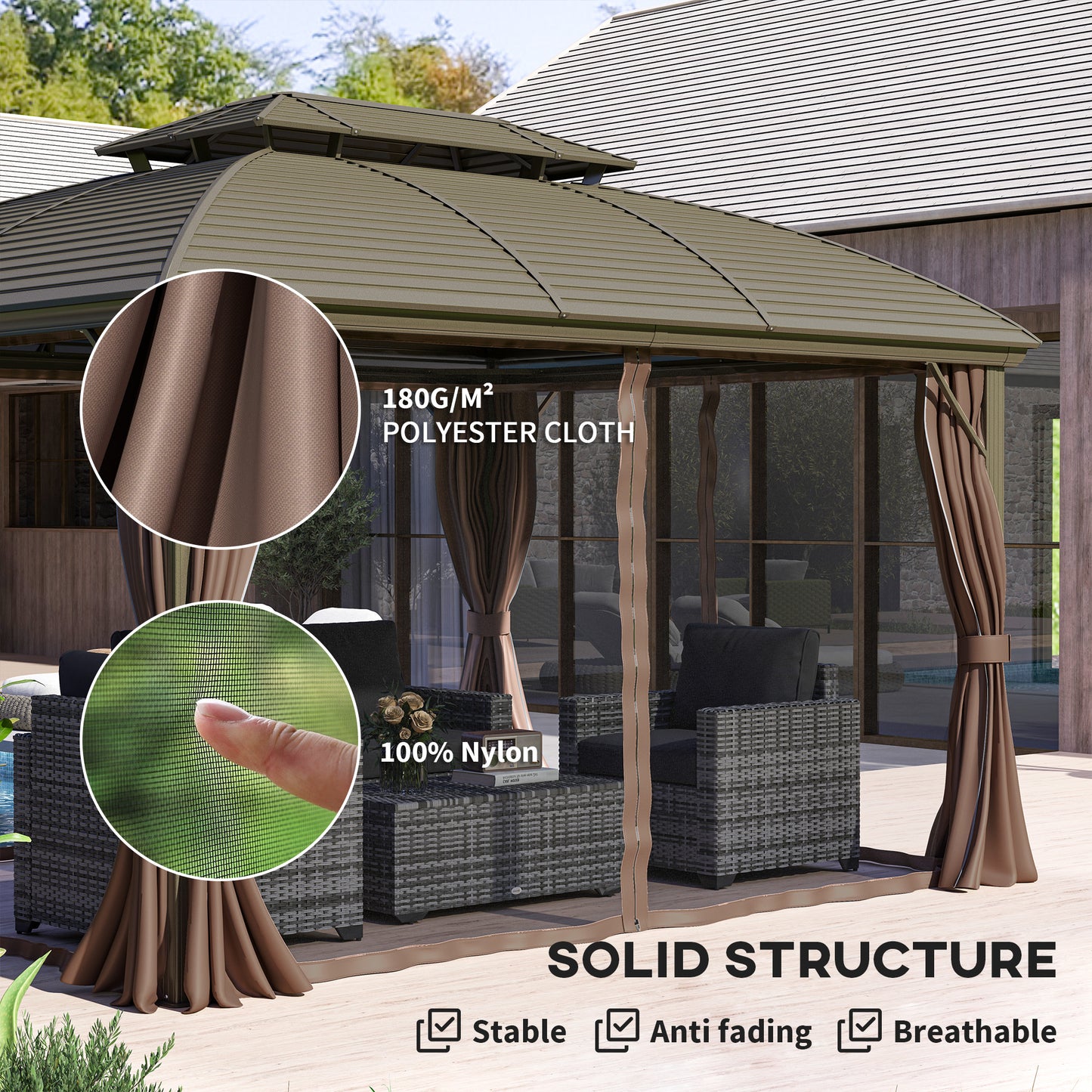Outsunny 3.65m X 3m Hardtop Steel Gazebo Canopy With Aluminium Frame Double Roof Net Sidewalls And Curtains Coffee
