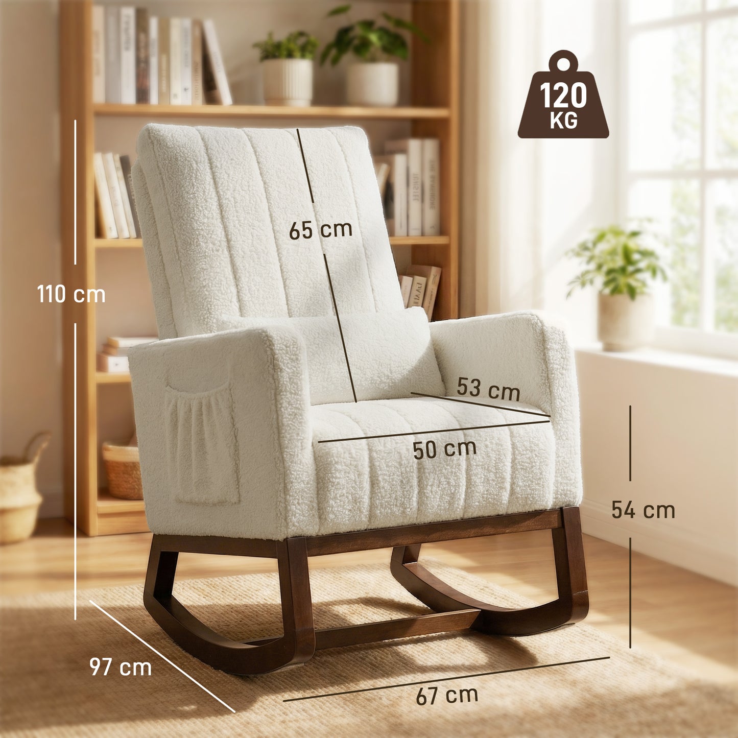 HOMCOM Rocking Chair for Adults with Lumbar Pillow and High Back Wood Base Side Pockets Cream White