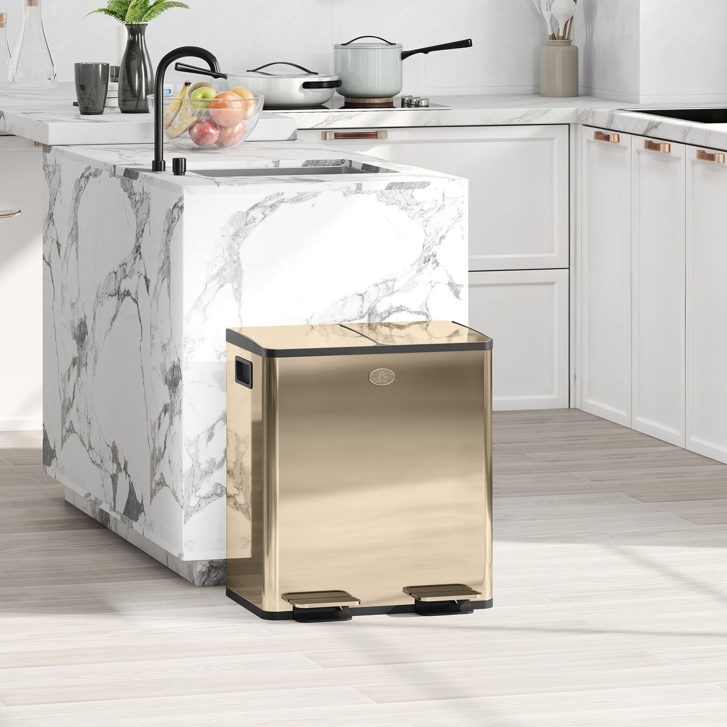 Homcom 40L Dual Compartment Stainless Steel Bin With Deodoriser Holders Gold Tone