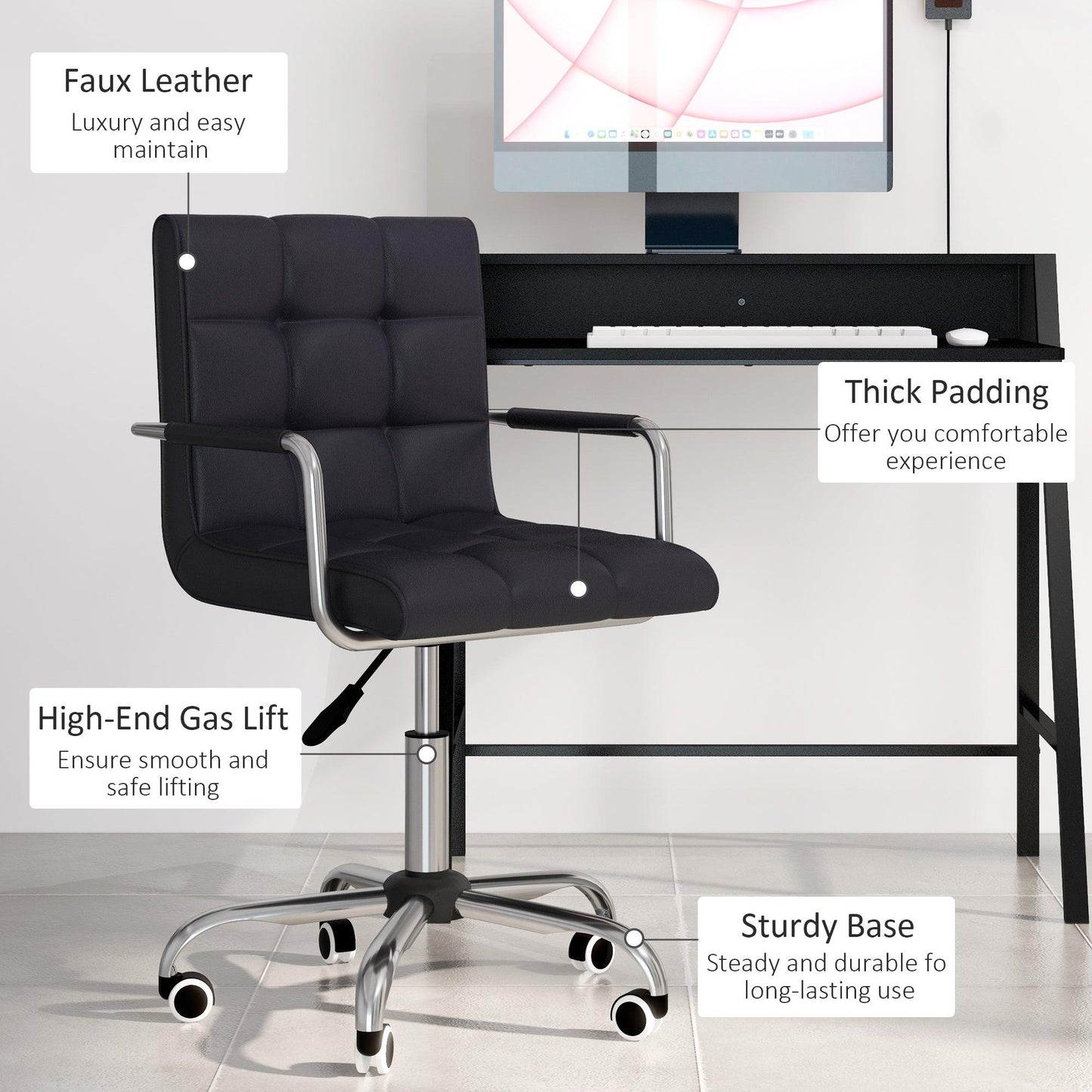 HOMCOM Black Faux Leather Office Chair and Desk Set with Swivel Wheels - ALL4U RETAILER LTD