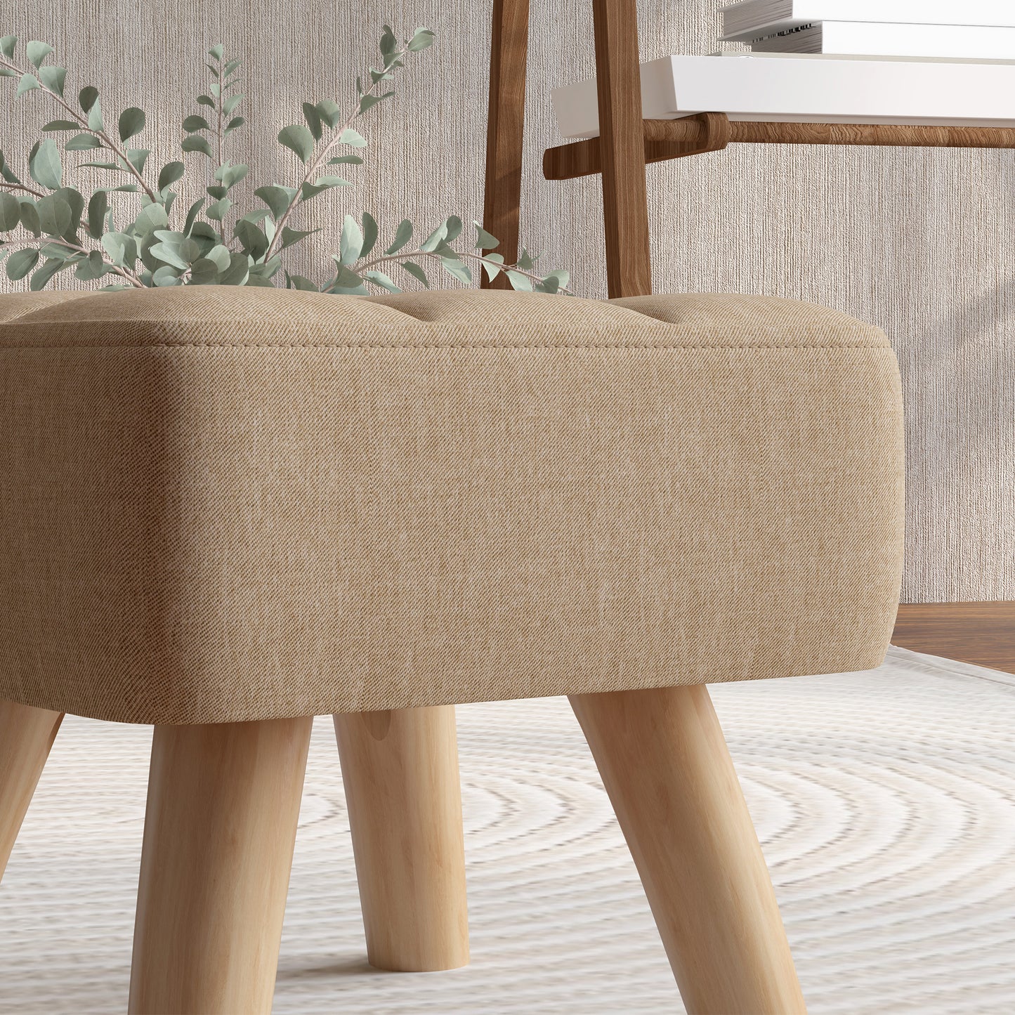 HOMCOM Linen Look Square Padded Footstool Brown With Tufted Top And Wooden Legs For Stability