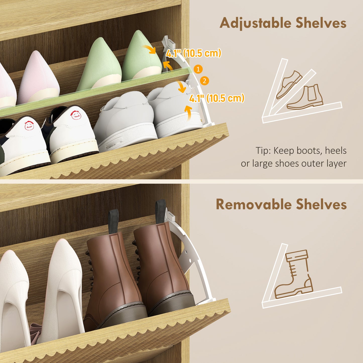 HOMCOM Narrow Shoe Cabinet Oak Finish With 2 Flip Drawers Slim 24cm Depth Holds 8 To 12 Pairs