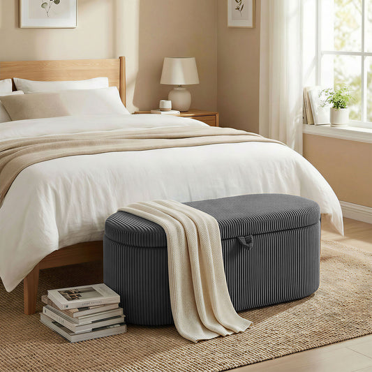 HOMCOM Storage Ottoman Corduroy Upholstered Storage Box With Padded Seat Dark Grey