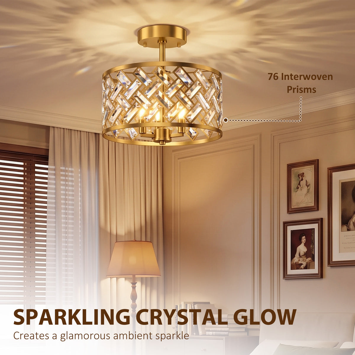 HOMCOM 3 Light Crystal Glass Ceiling Light with Gold Tone E14 Sockets