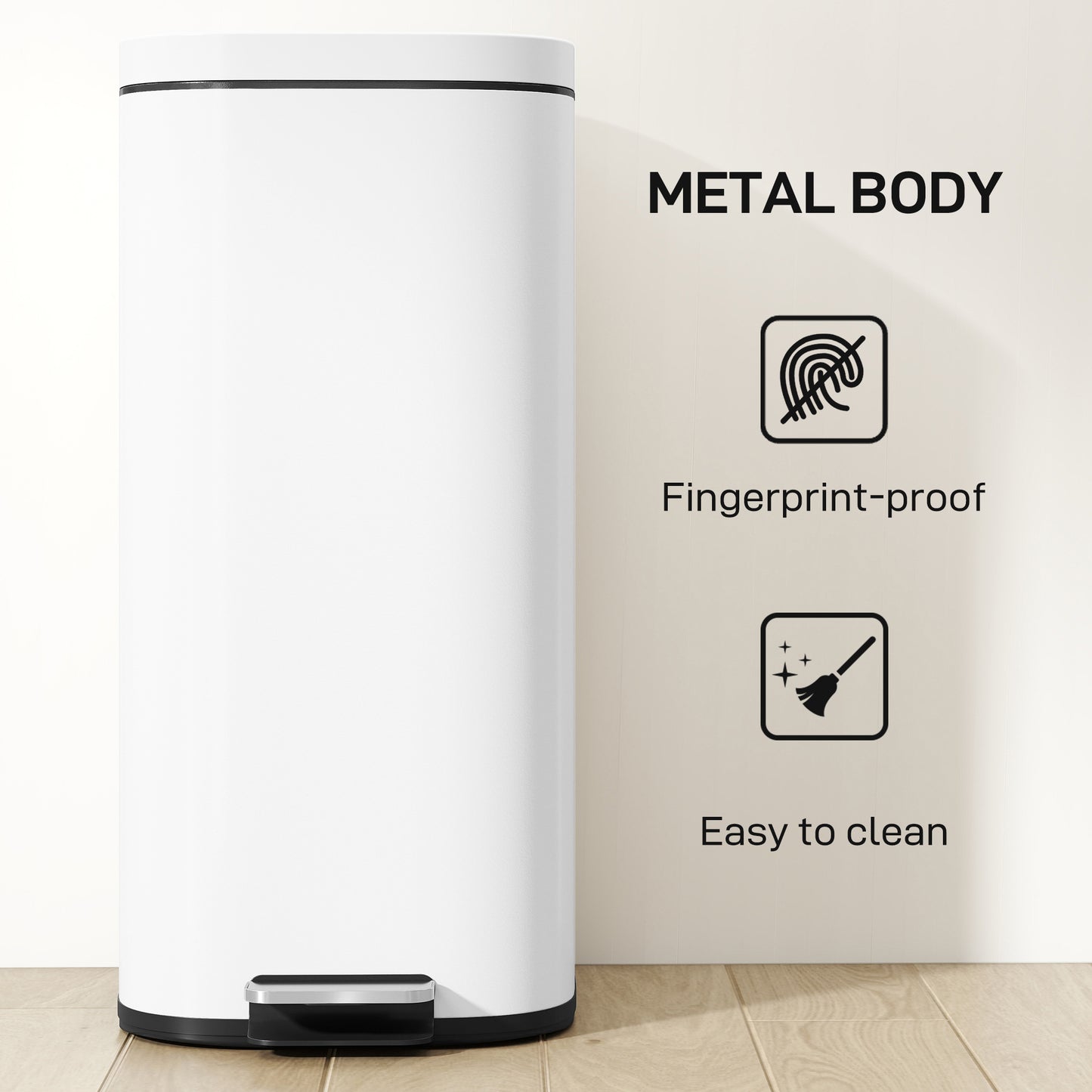 HOMCOM 30L Kitchen Bin Compact Pedal Bin With Soft Close And Stay Open Lid Removable Bucket For Kitchen Office White