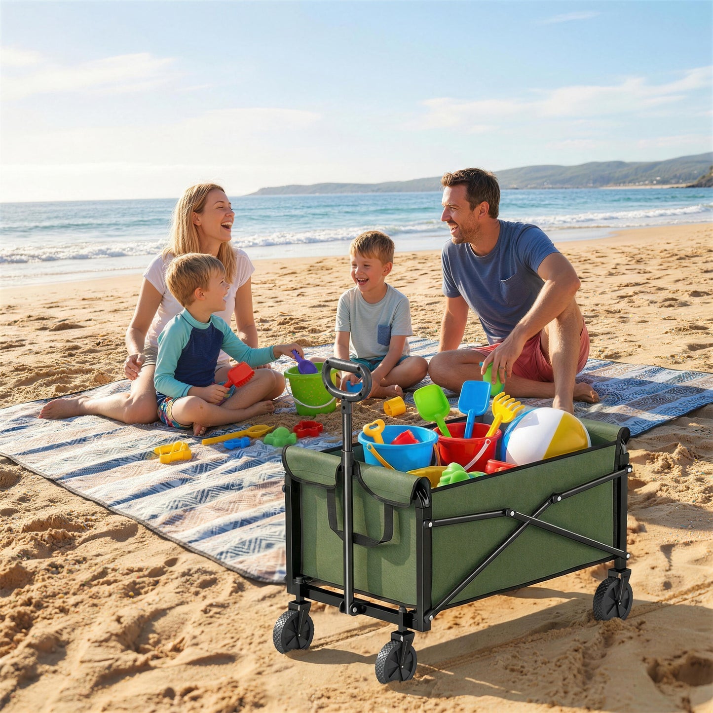 Outsunny Festival Trolley On Wheels 81L Compact Folding Garden Cart With Adjustable Handle Green