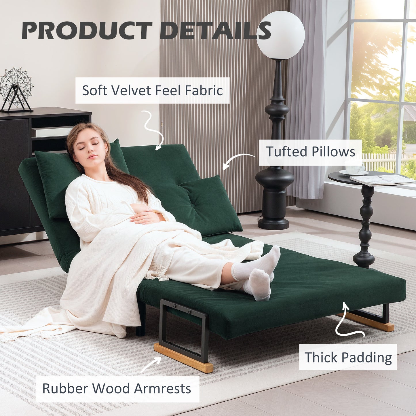 HOMCOM 4 In 1 Velvet Feel Double Sofa Bed With Pillows Green Ideal For Daily Use And Guests