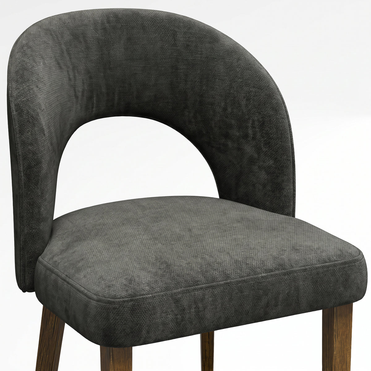 Dark grey upholstered dining chair with arched backrest, cushioned seat, and wooden legs
