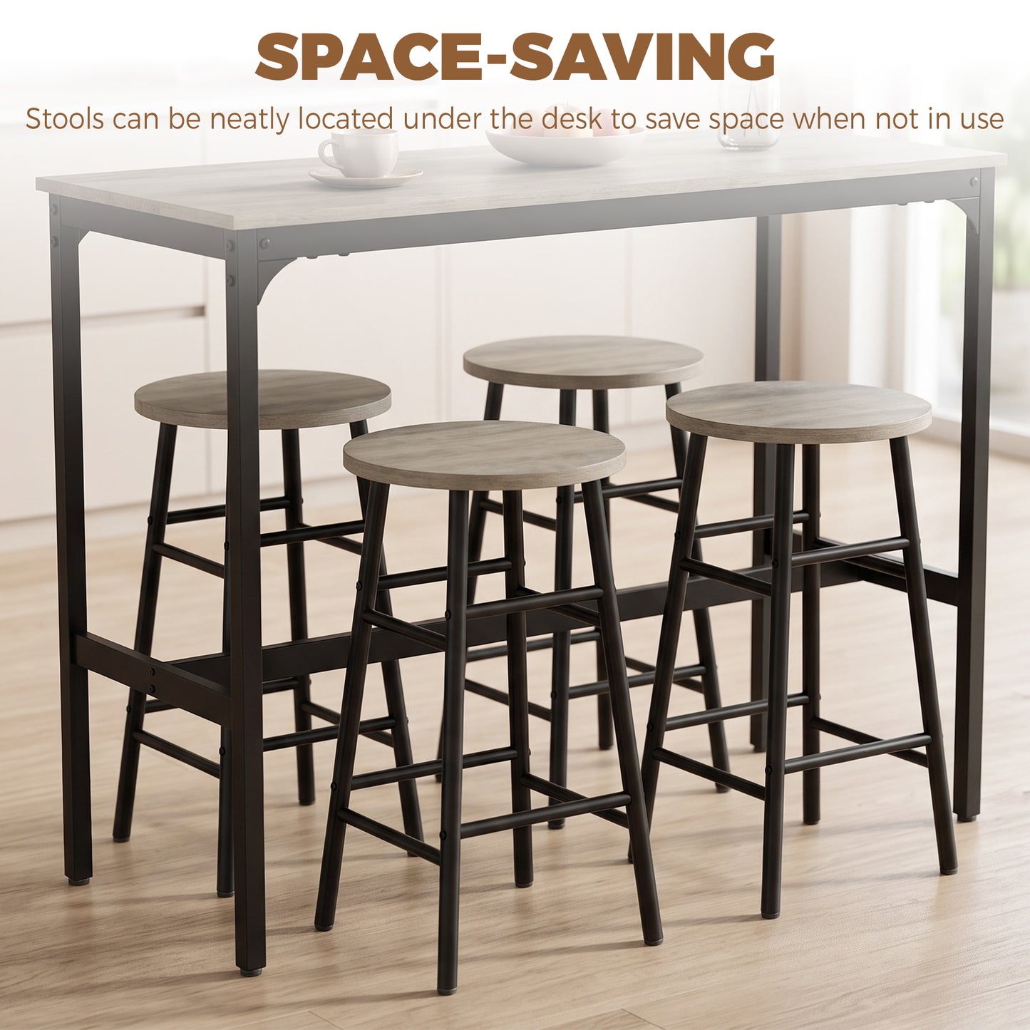 Homcom 5 Piece Industrial Bar Table Set With 4 Tall Grey Stools