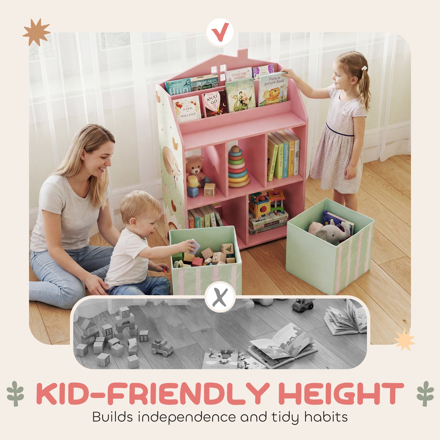 AIYAPLAY Kids Bookshelf With Storage Toy Display Shelves And Fabric Drawers Pink Playroom Nursery