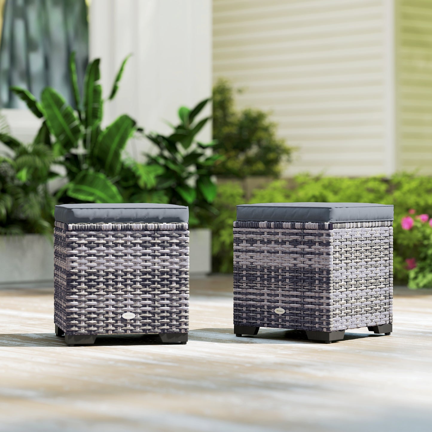 Outsunny Set of 2 Rattan Storage Ottomans Outdoor Footstools Removable Cushions Dark Grey