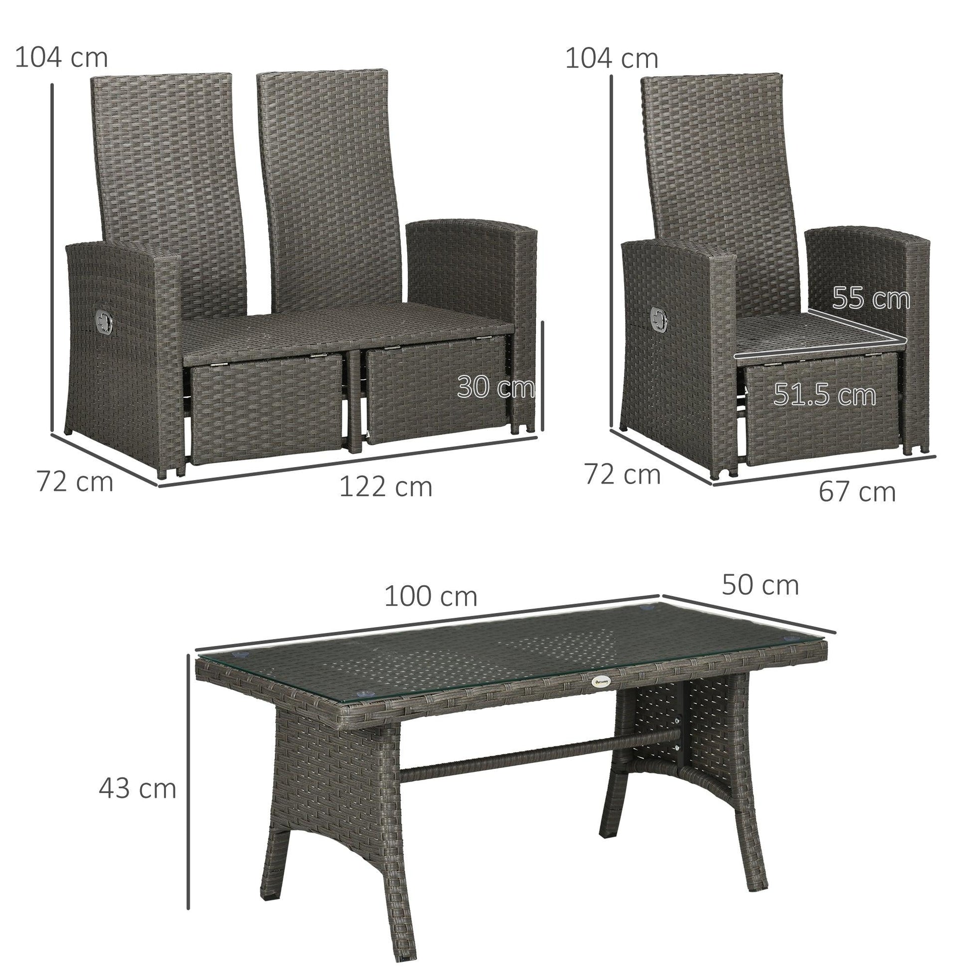 Outsunny 4 Piece Rattan Garden Furniture Set with Sofa, Glass Table, Grey - ALL4U RETAILER LTD