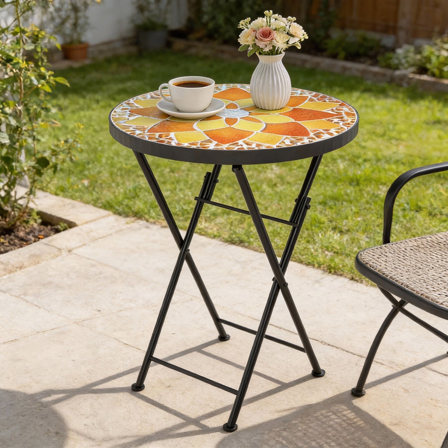 Outsunny Mosaic Round Folding Outdoor Garden Table With Metal Frame 35.5cm Yellow Balcony Terrace Coffee Table