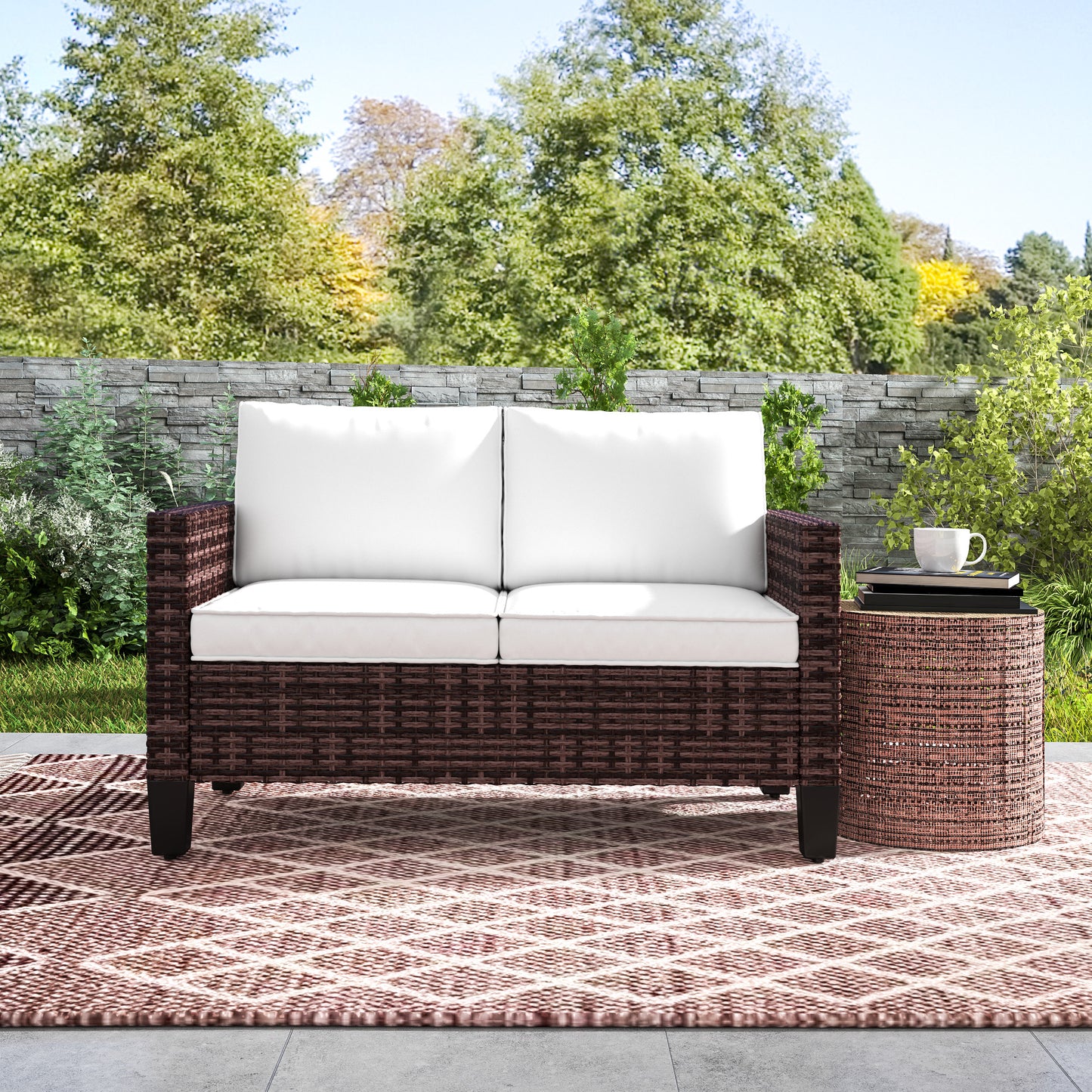 Outsunny Two Seater Rattan Outdoor Sofa Brown With Cushions And Adjustable Feet