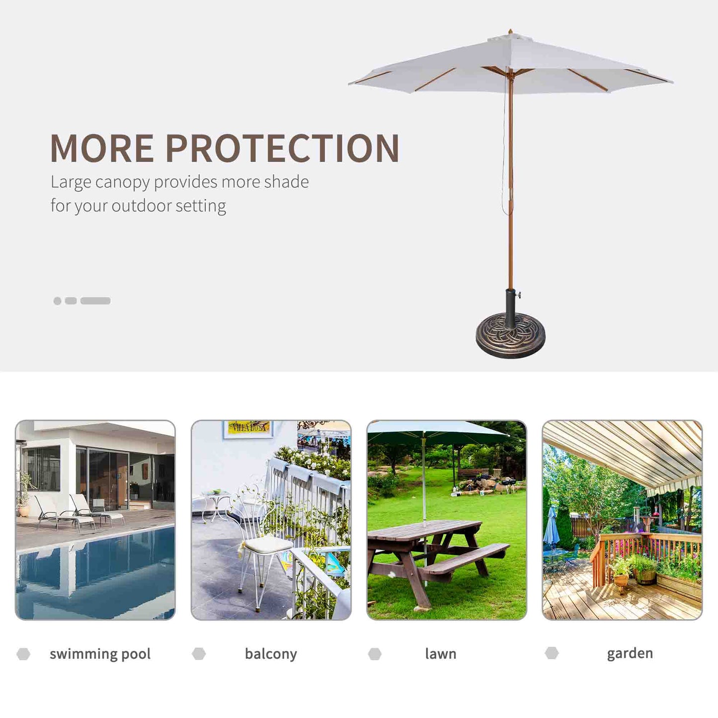 Outsunny 3 M Garden Parasol With Base Rope Pulley Mechanism 8 Rib Wooden Patio Umbrella White