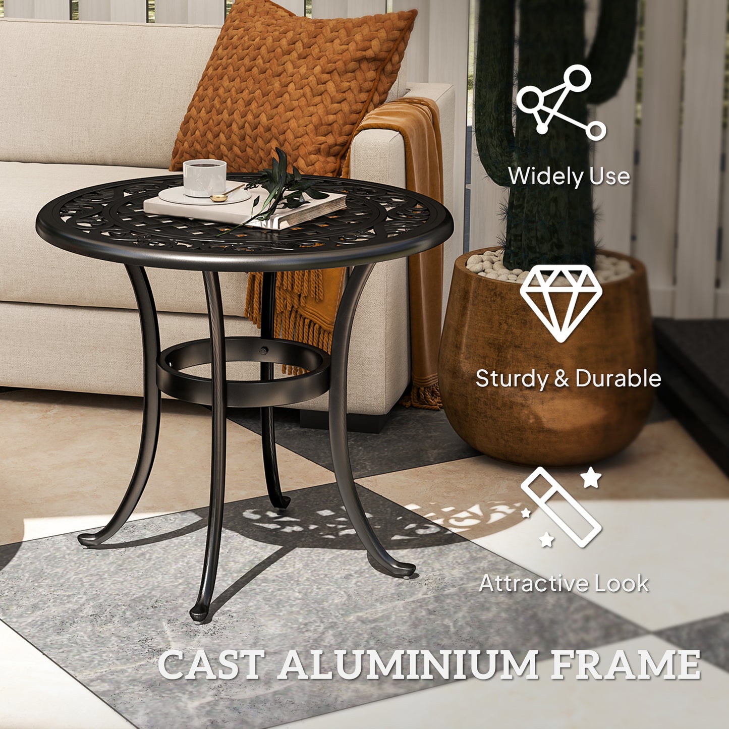 Outsunny Outdoor Garden Table Cast Aluminium Patio End Table With Anti Slip Foot Pads 60 x 60 cm Black