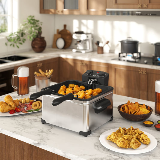 HOMCOM 5 Litre Stainless Steel Deep Fryer 2000W With Adjustable Temperature 150-190 C And 60 Min Timer Viewing Window