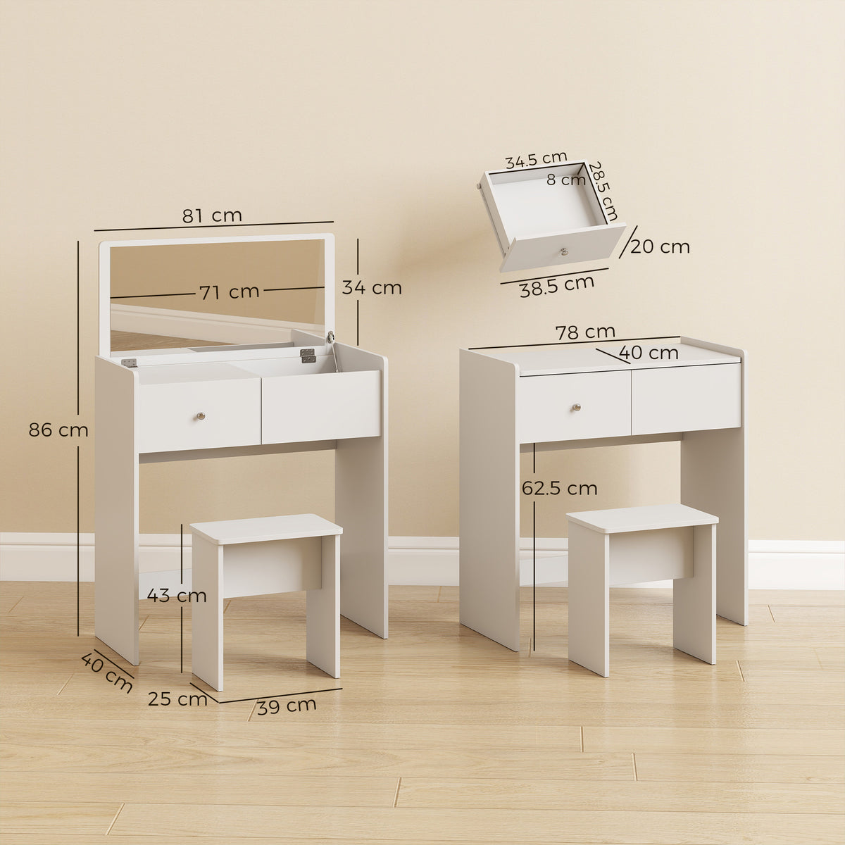 White vanity desk with matching stool shown with size measurements