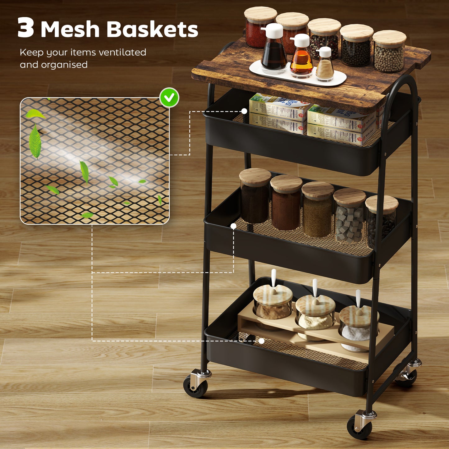 HOMCOM 3 Tier Kitchen Storage Trolley On Wheels With Cover Top Board Rustic Brown And Black