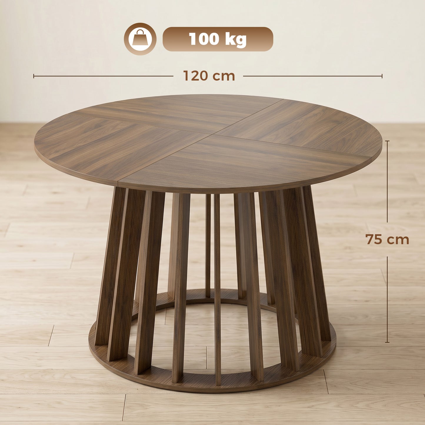 HOMCOM Round Dining Table 120 Cm for 4 To 6 People with Slatted Base Light Walnut Kitchen Table